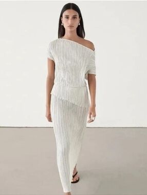 Massimo Dutti NWT Pearl Gray Asymmetrical Midi Dress 6605/300 Size 6
